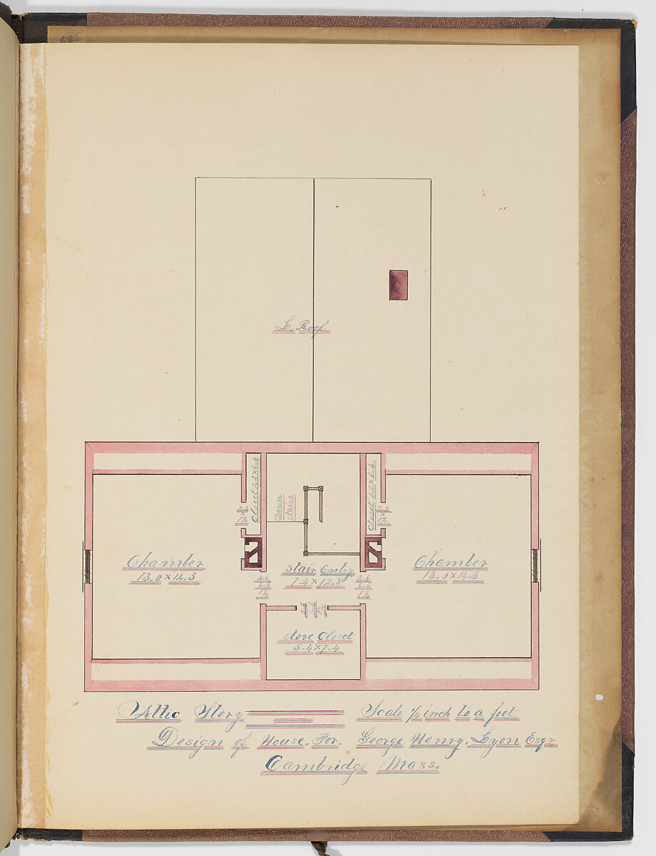 Portfolio containing Six Designs for the George Henry Lyon House, Cambridge, Massachusetts, Anonymous, American, 19th century, Pen and ink, wash and watercolor