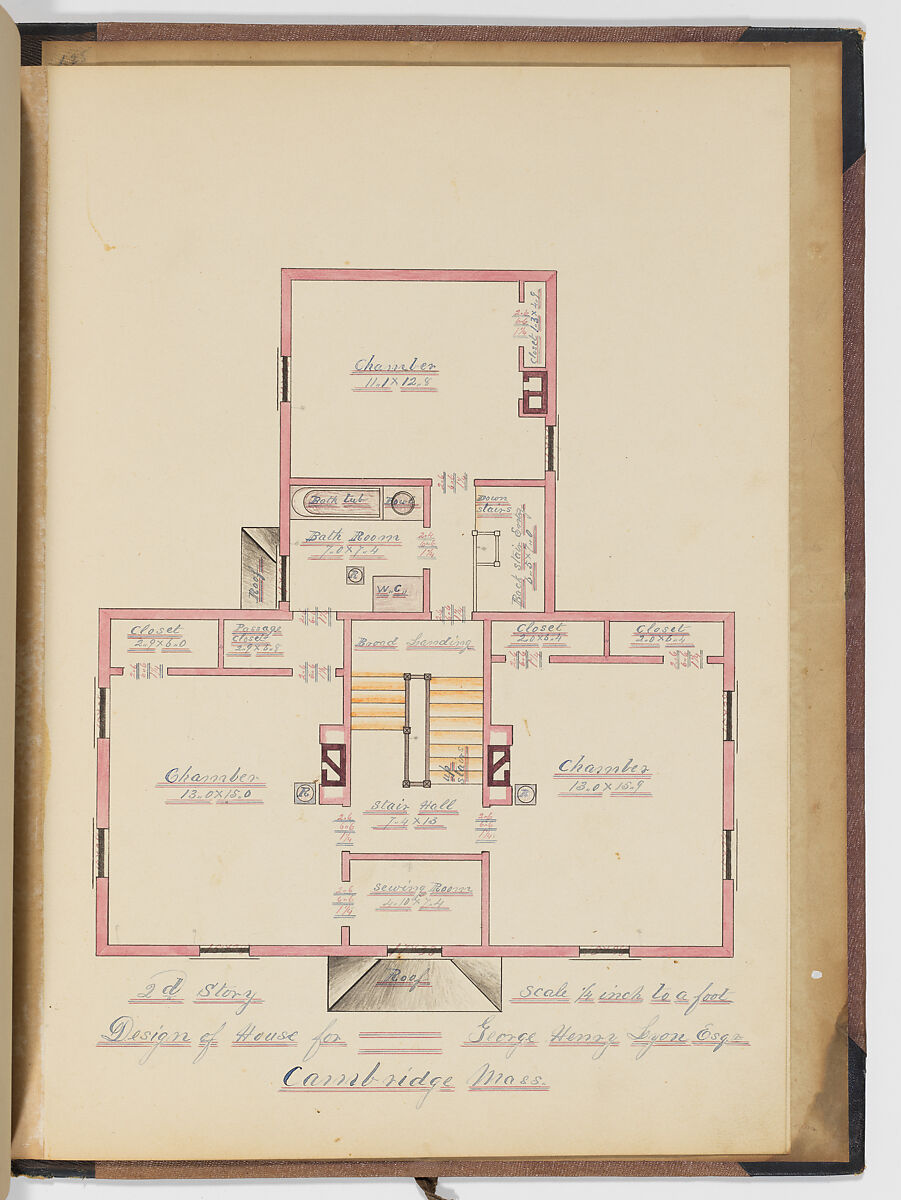 Portfolio containing Six Designs for the George Henry Lyon House, Cambridge, Massachusetts, Anonymous, American, 19th century, Pen and ink, wash and watercolor
