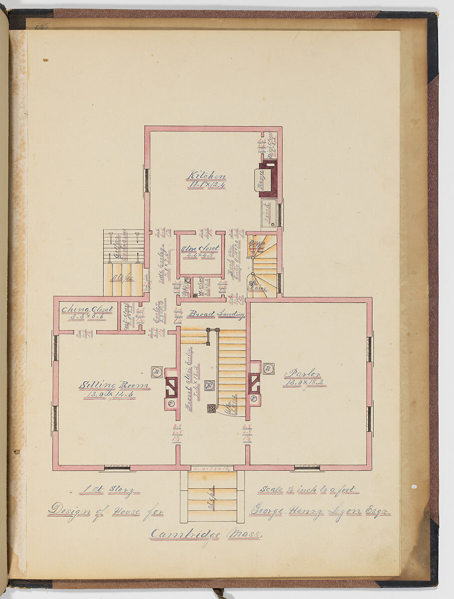 Portfolio containing Six Designs for the George Henry Lyon House, Cambridge, Massachusetts, Anonymous, American, 19th century, Pen and ink, wash and watercolor