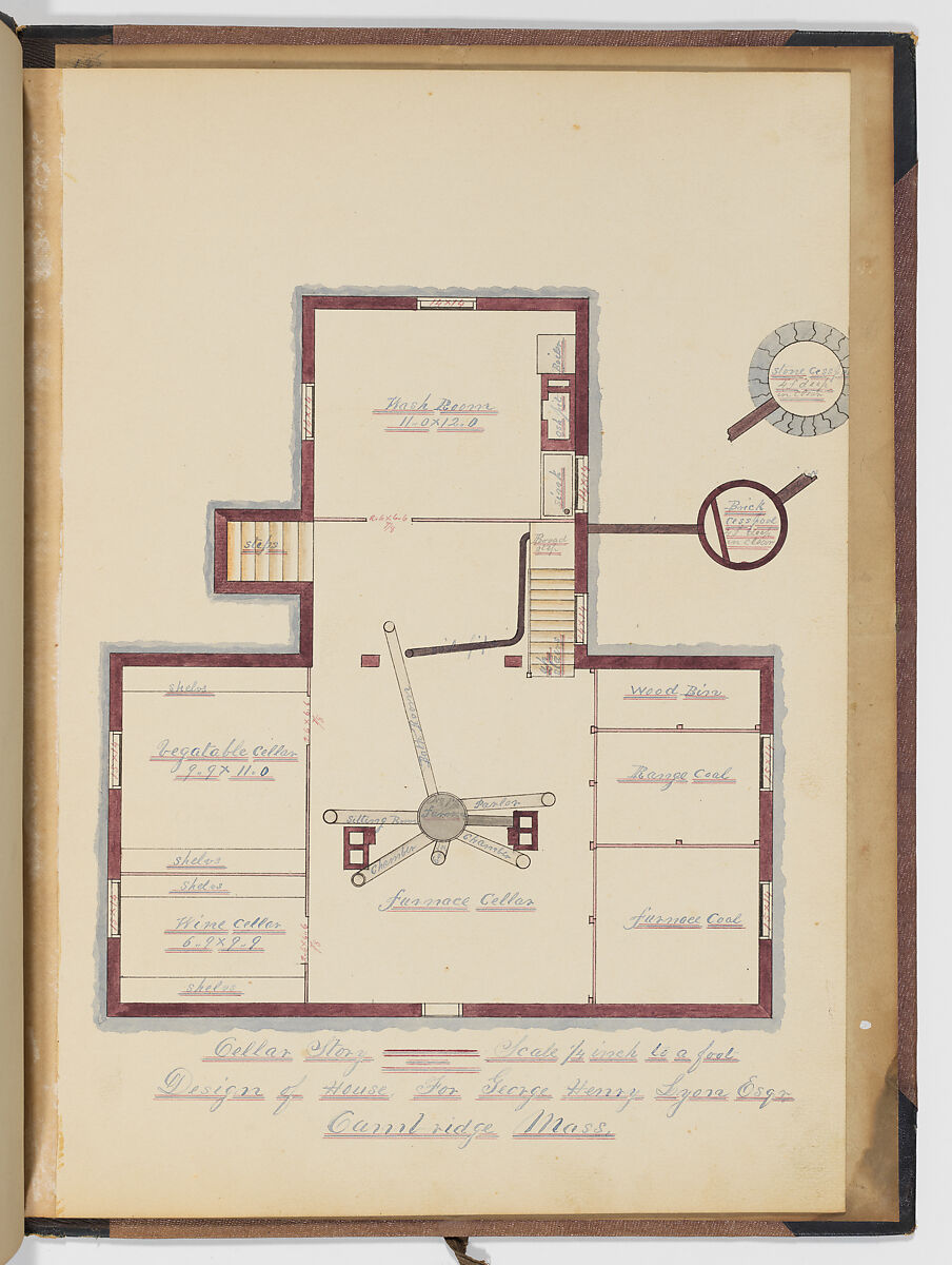 Portfolio containing Six Designs for the George Henry Lyon House, Cambridge, Massachusetts, Anonymous, American, 19th century, Pen and ink, wash and watercolor
