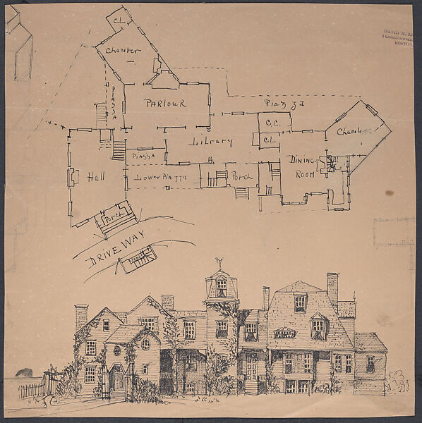 House Elevation and Plan, Arthur Little (American, Boston, Massachusetts 1852–1925 Boston, Massachusetts), Pen and ink 