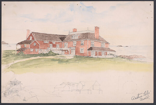 Wooden House near the Water (perhaps an early idea for Cliffs, Manchester, Massachusetts), Arthur Little (American, Boston, Massachusetts 1852–1925 Boston, Massachusetts), Watercolor and graphite 