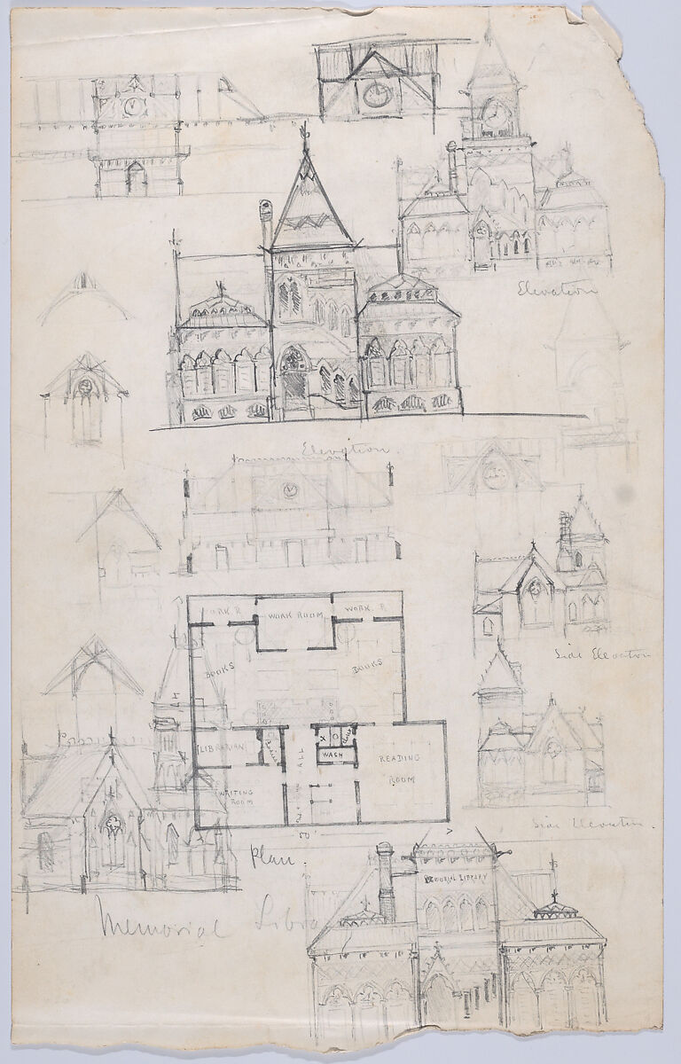 Design Sketches for a Memorial Library (recto and verso) (possibly the Winn Memorial Library, Woburn, Massachusetts), Attributed to Henry Hobson Richardson (1836–1886), Graphite 