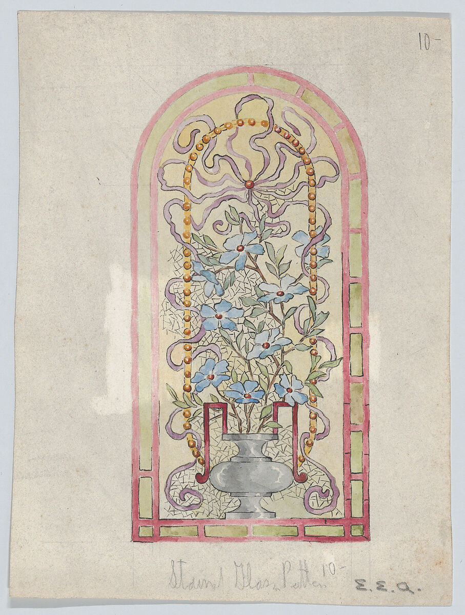 Stained Glass Design with Flowering Vase, E. E. Q. (American, late 19th century), Watercolor and pen and ink