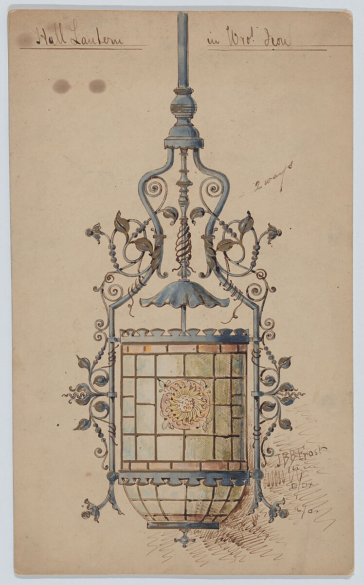 Wrought Iron Hall Lantern Design, J. B. B. Frost (American, 19th century), Pen and ink and watercolor, gilt highlights 