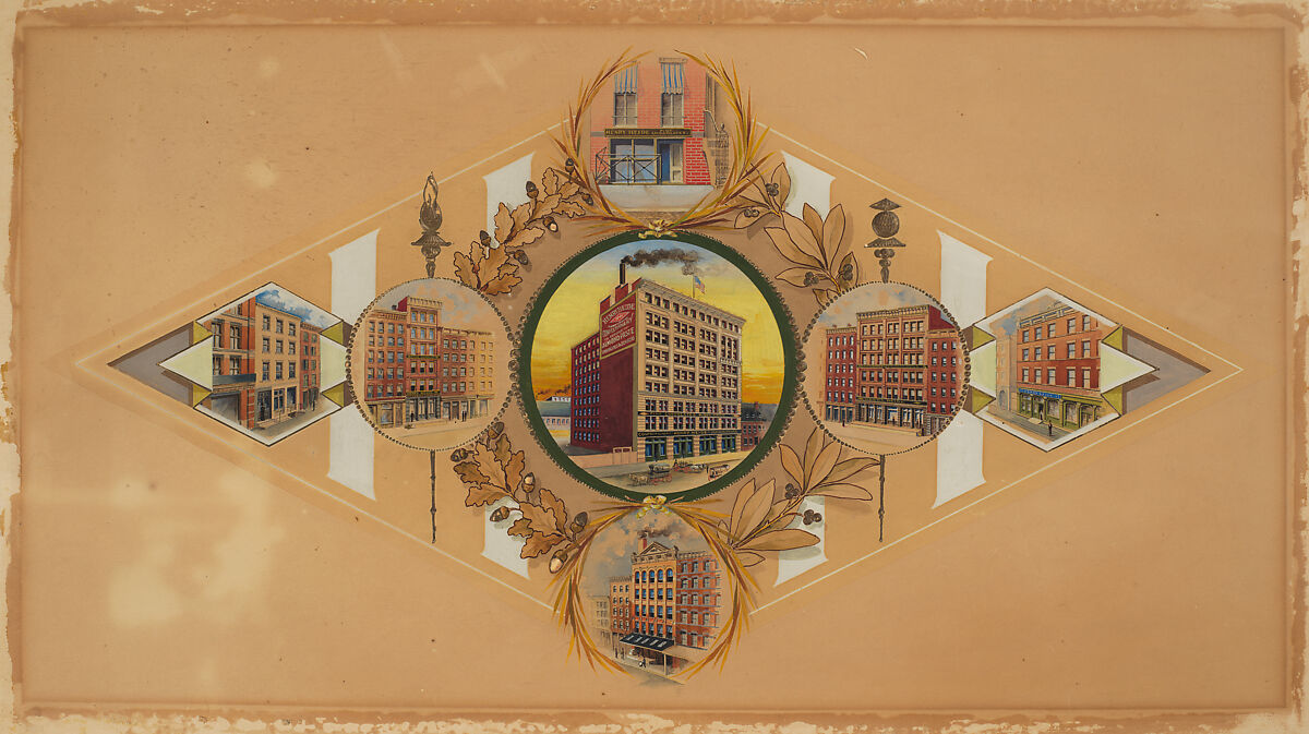 Henry Heide Confectionary Co.– Seven Buildings Occupied by the Business, Anonymous, American, 19th century, Watercolor 