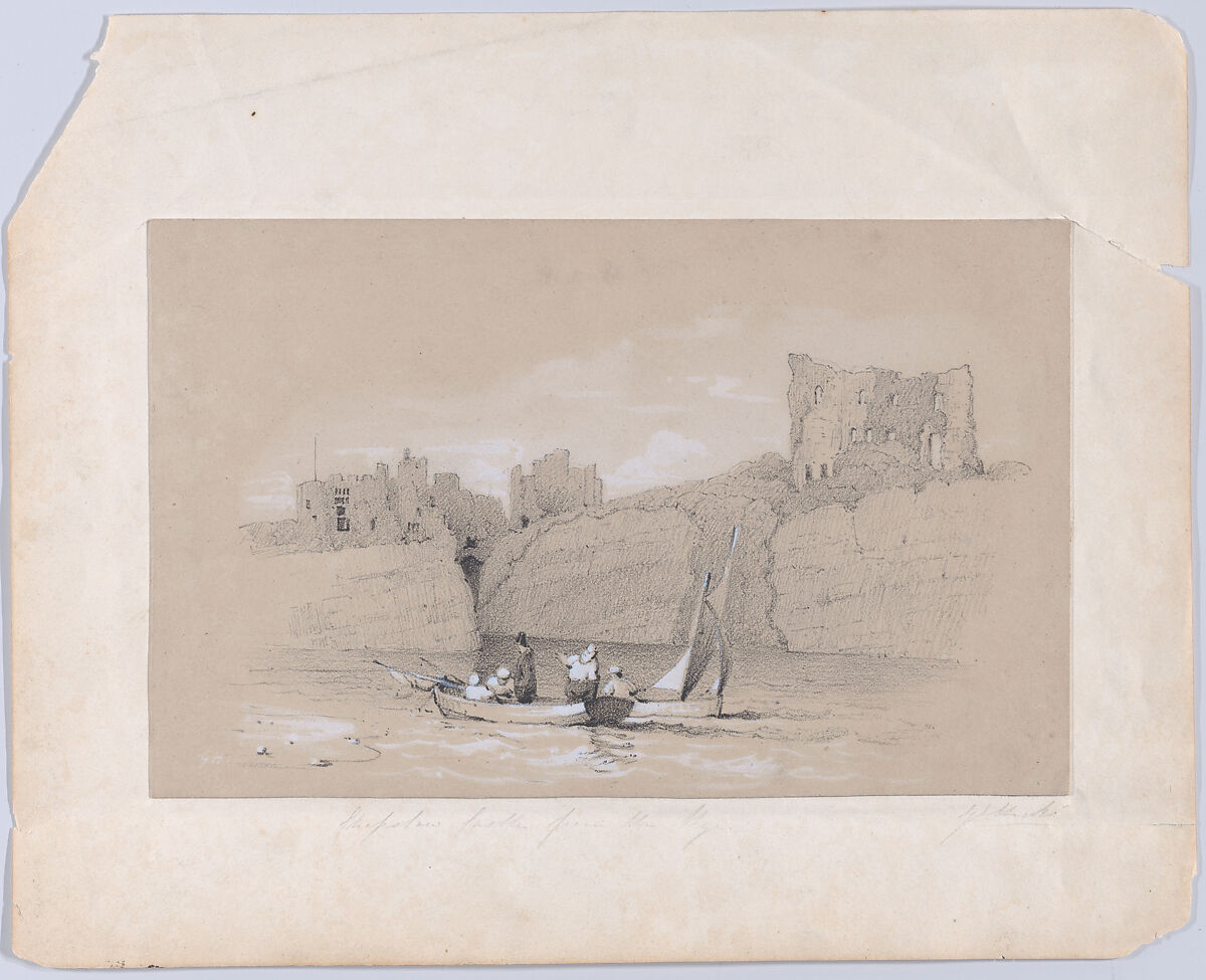 Chepstow Castle, Wales from the river Wye, Attributed to Lilburne Hicks (British, ca. 1814–1861 London), Black conté crayon and white chalk on tan paper 