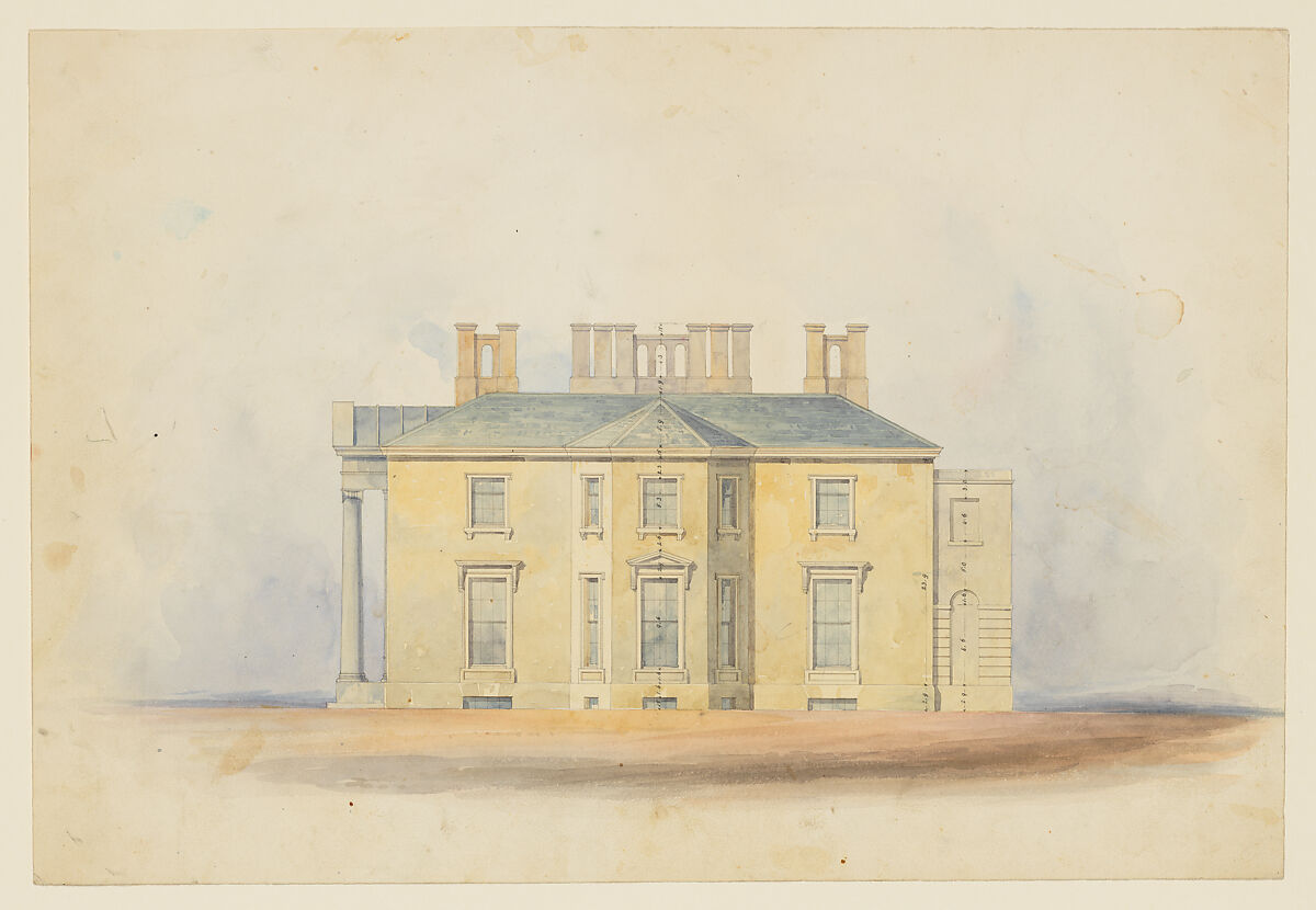 Design for a Classical Country House, Side Elevation, Anonymous, British, 19th century, Watercolo, pen and ink 