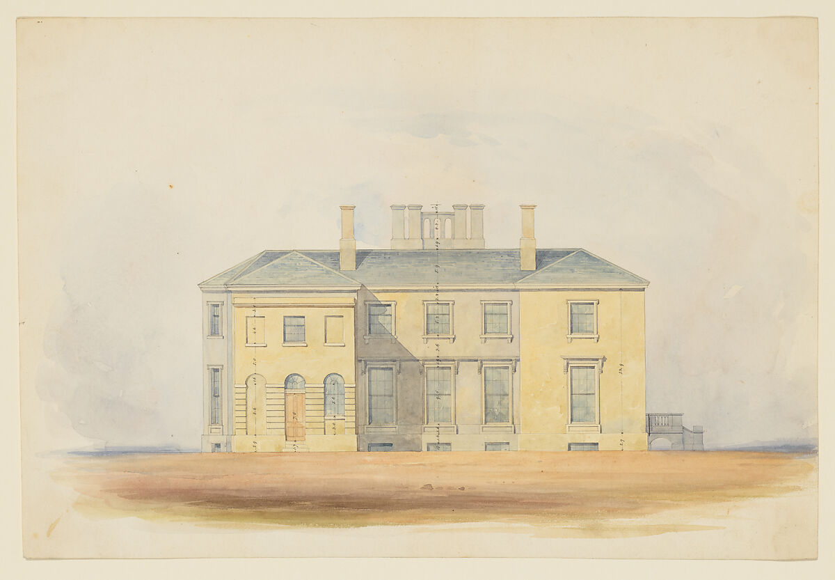 Design for a Classical Country House, Back Elevation, Anonymous, British, 19th century, Watercolo, pen and ink 