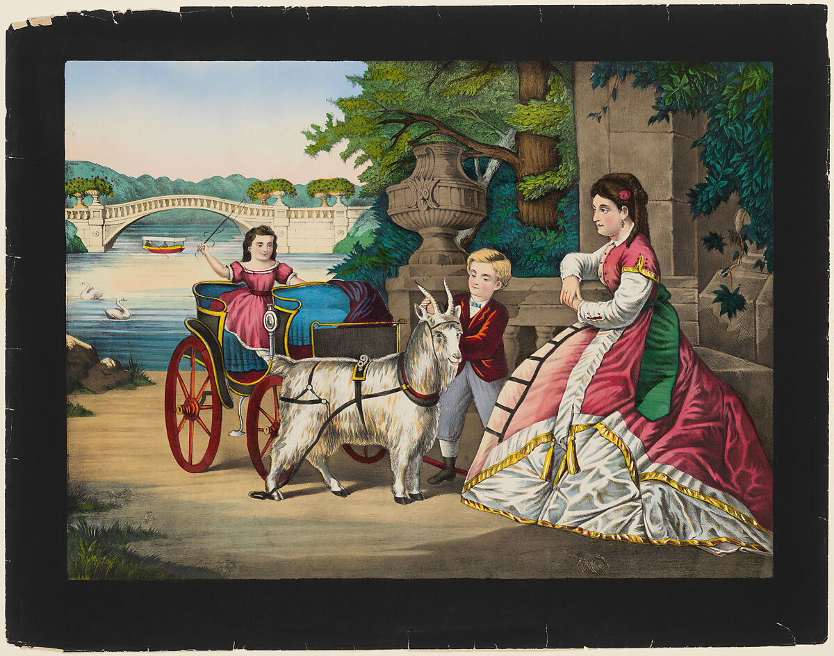 Central Park, New York, Preparing for a Drive, George Schlegel, New York (active 1849–1957), Hand-colored lithograph with painted black border 