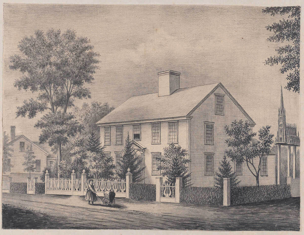 Federal House with Lyre-design Fence, Anonymous, American, 19th century, Ink wash over graphite 