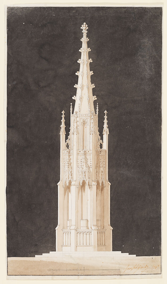 Spired Gothic Monument, Joseph Michael Gandy (British, London 1771–1843 London), Pen and ink, brush and wash, over graphite 