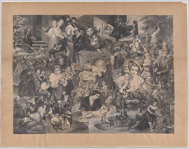 Collage of printed elements centered on Women, Children, Family and Rural Life