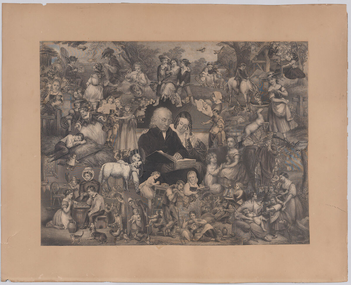 Collage of printed elements centered on a Man and Young Woman Reading the Bible, surrounded by scenes from rural life, Illman Brothers (American, Philadelphia, active 19th century), Steel engravings, trimmed and collaged 