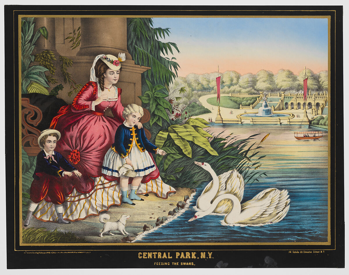 Central Park, New York, Feeding the Swans, George Schlegel, New York (active 1849–1957), Hand-colored lithograph, with a painted black border and text printed in gold 