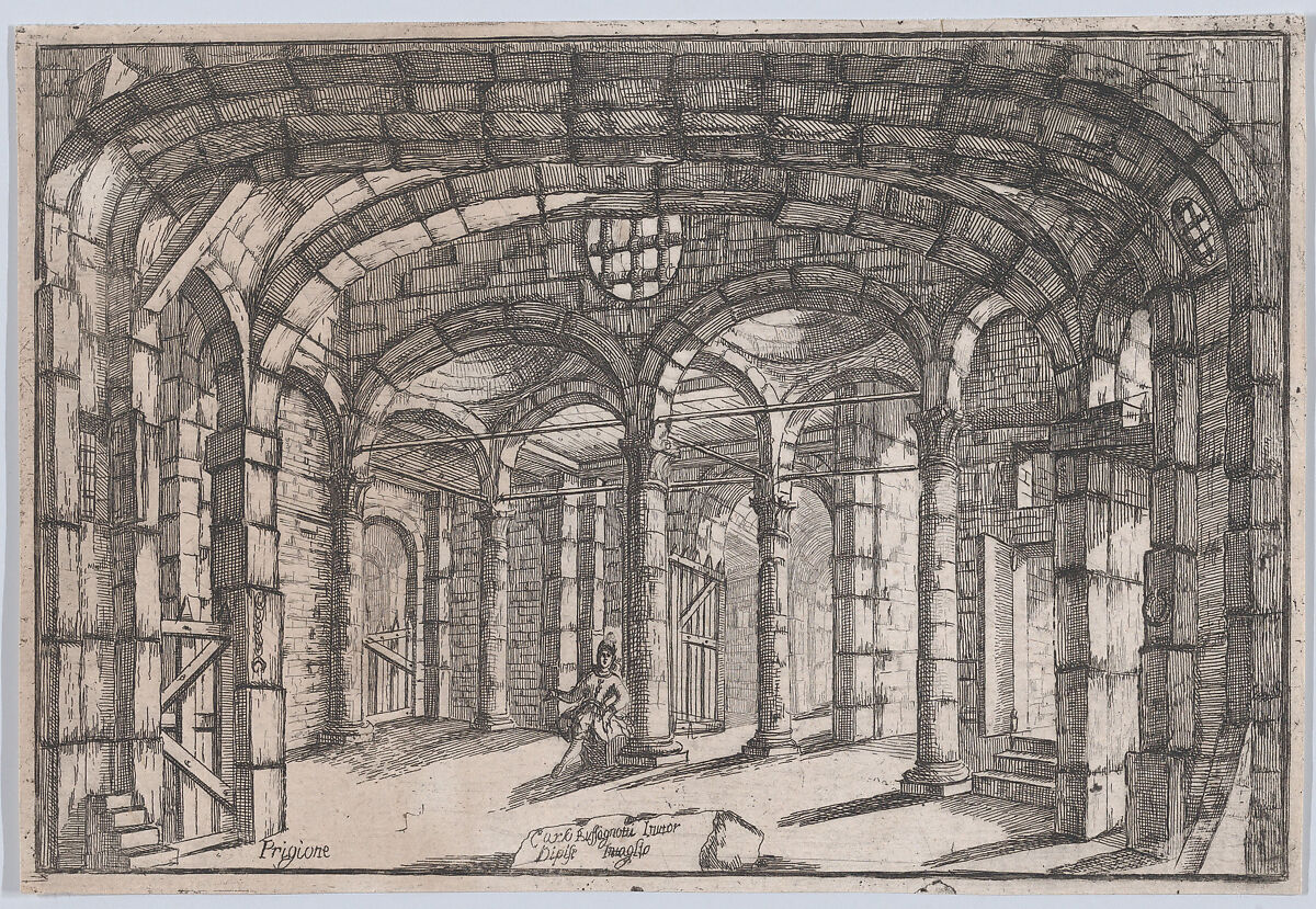 Interior of a prison in which sits a woman (possibly a theatre set), Carlo Antonio Buffagnotti (Italian, Bologna 1660–after 1710 Ferrara), Etching 