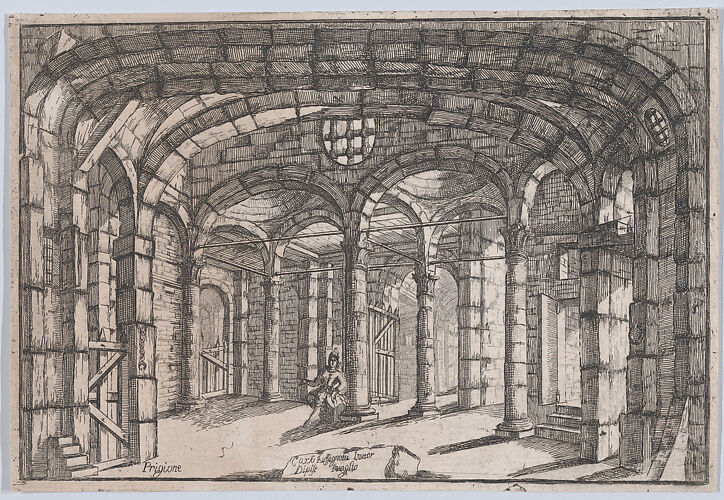 Interior of a prison in which sits a woman (possibly a theatre set)