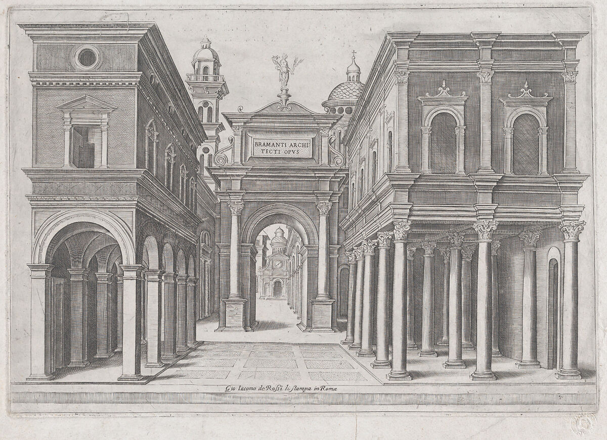 A street with buildings and arcades, Anonymous, Italian, Engraving 