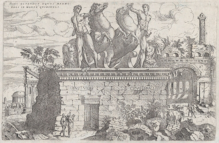 Roman ruins with the horse tamers (Dioscuri) on the Quirinal Hill, Plate 36 from: Discorsi Sopra L’Antichita di Roma