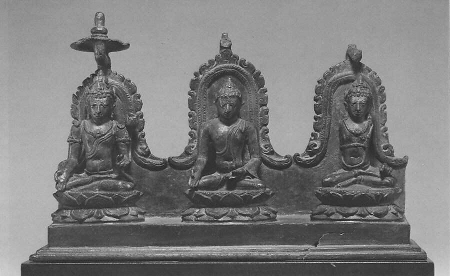 The Transcendent Buddha Ratnasambhava Flanked by Two Bodhisattvas, Bronze, Indonesia (Java) 