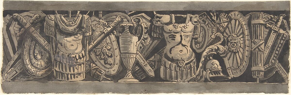 Design for a Frieze with Roman Trophies, Anonymous, Italian, 19th century, Black ink and wash 