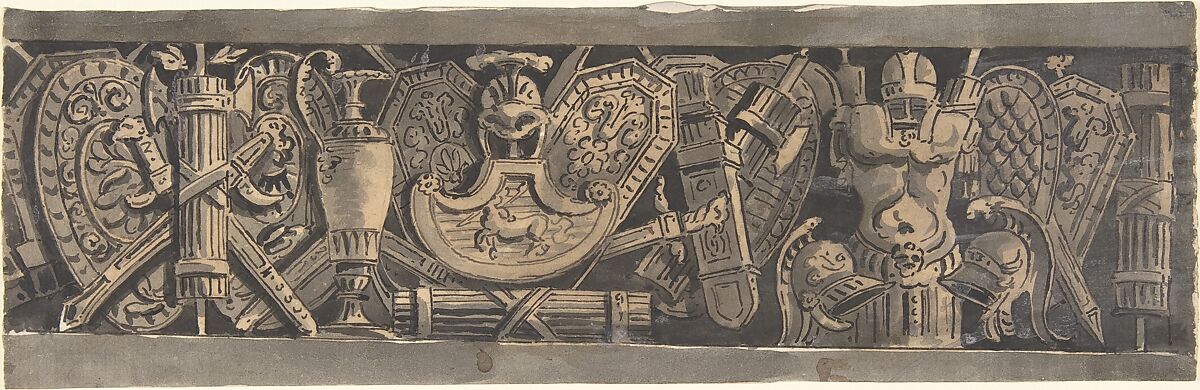 Design for a Frieze with Roman Trophies, Anonymous, Italian, 19th century, Black ink and wash 