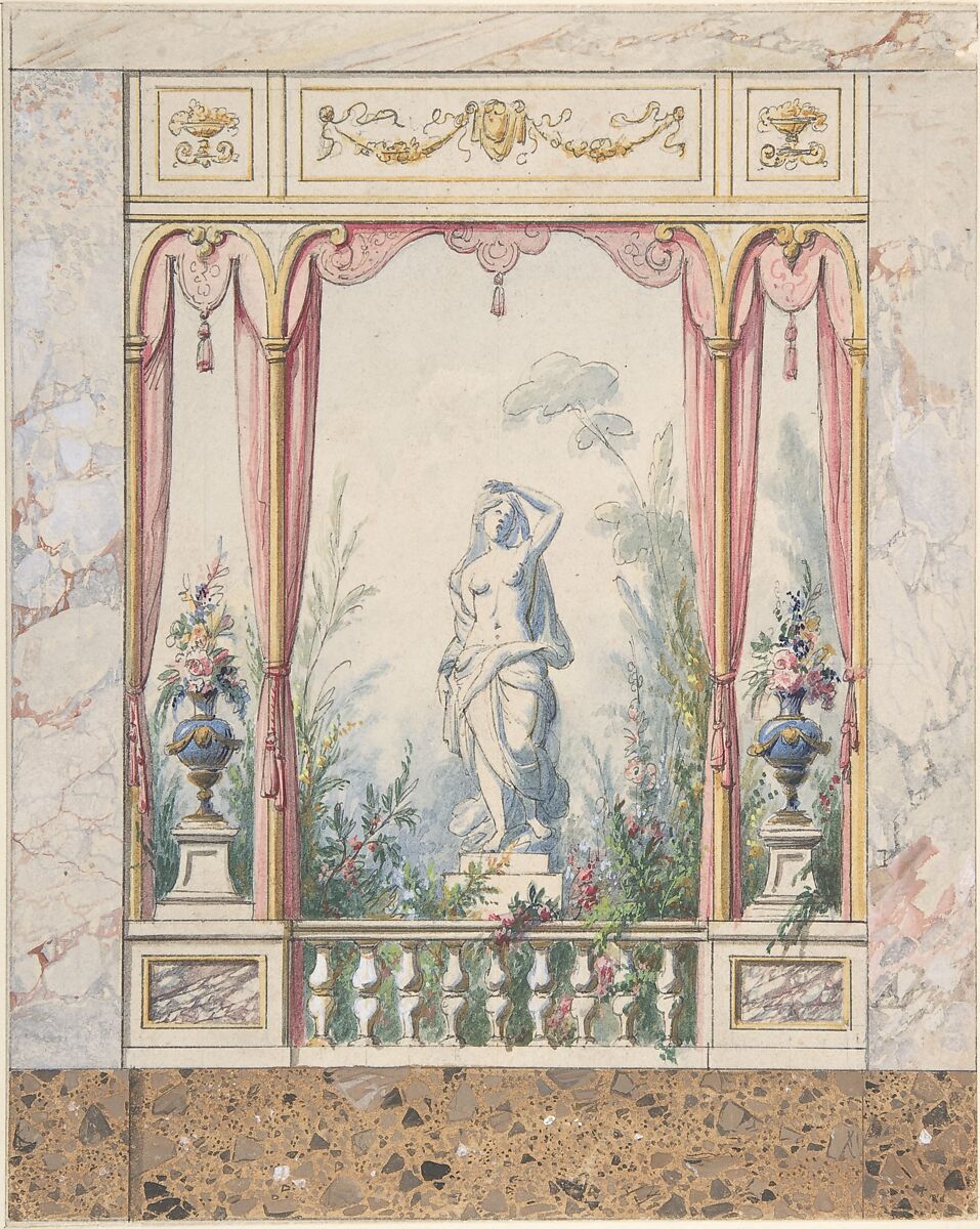 Design for an Interior with a Window into a Garden, Anonymous, Italian, early 19th century, Watercolor 