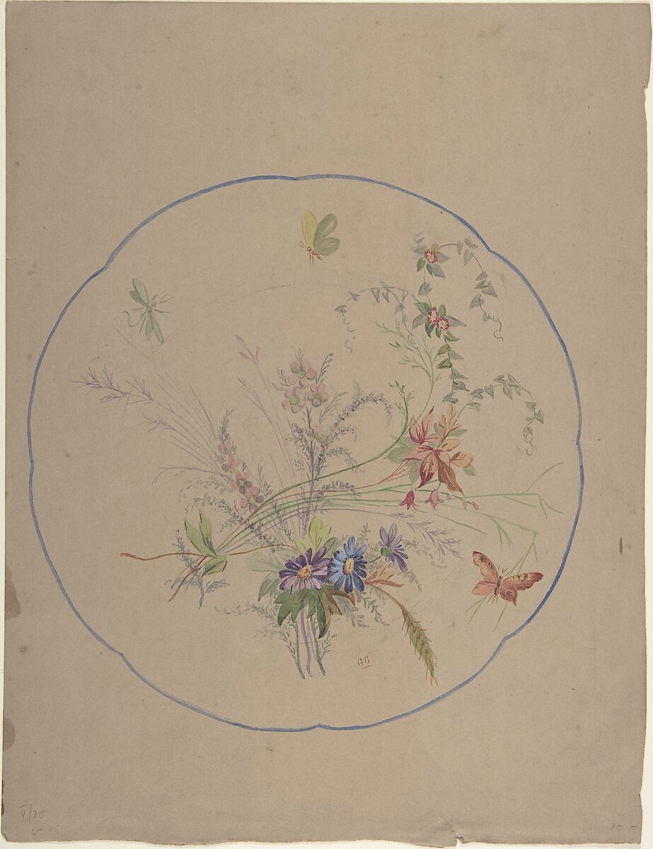 Design of Flower Sprays and Butterflies, Anonymous, Italian, 19th century, Watercolor 