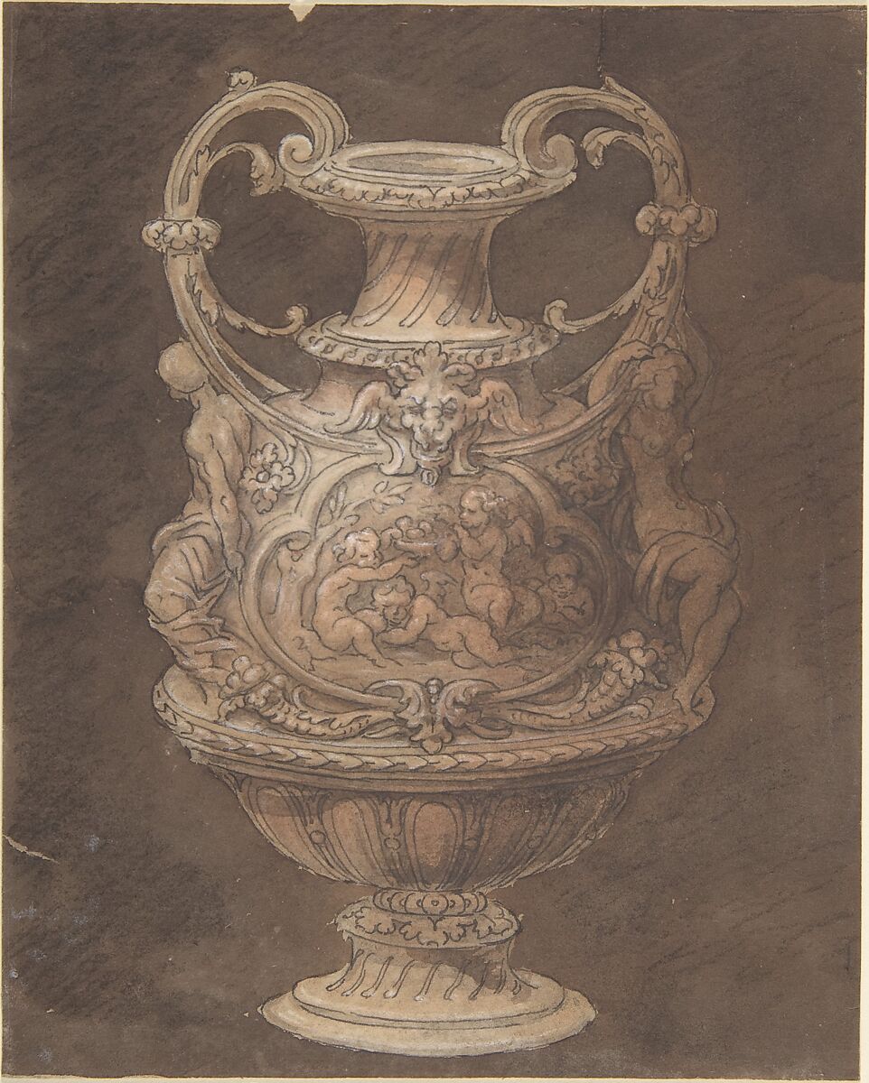 Design for an Urn with Four Putti in Central Cartouche, Anonymous, Italian, early 19th century, Pen and ink with brown and reddish wash 
