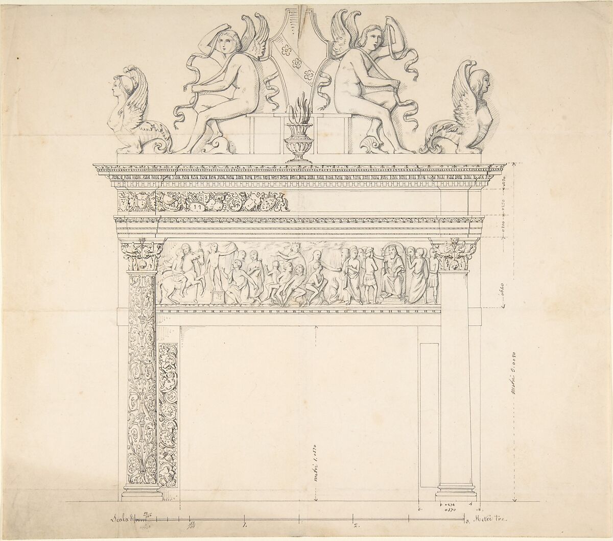 Design for a Chimney Piece, Anonymous, Italian, 19th century, Brown ink and pencil 