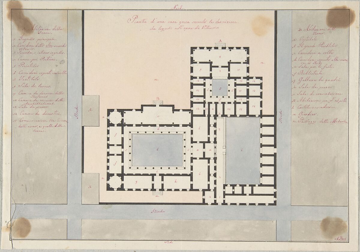Plan of a Greek House, Anonymous, Italian, 19th century, Pen and watercolor 