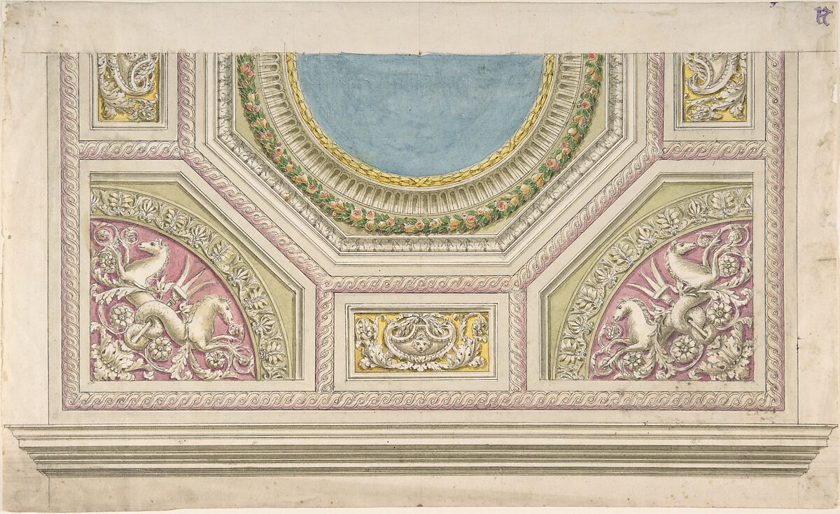Design for a Decorated Ceiling, Anonymous, Italian, 19th century, Pen and watercolor 