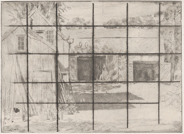 Connecticut Barns, Childe Hassam (American, Dorchester, Massachusetts 1859–1935 East Hampton, New York), Etching; proof from cancelled plate 