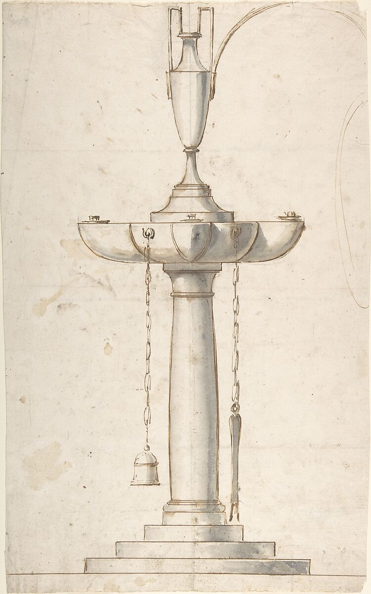 Lamp with Four Wicks, Anonymous, Italian, 19th century, Pen and ink and wash 