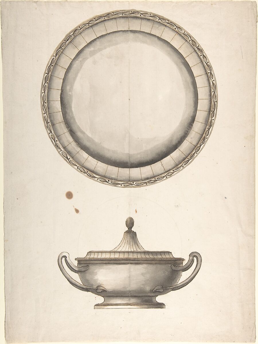 Covered Dish with Tray, Anonymous, Italian, 19th century, Pen and ink and wash 