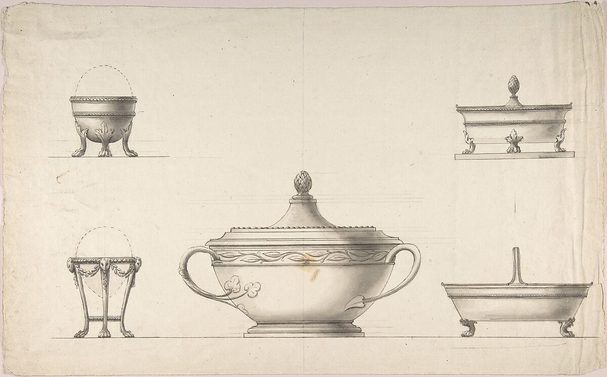 Covered Dish, Two Egg Cups, and Two Salt Cellars, Anonymous, Italian, 19th century, Pen and ink and wash 