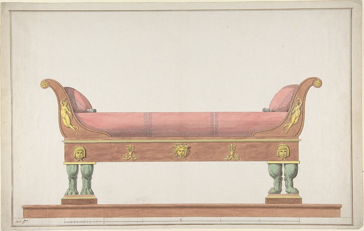Design for an Empire Daybed with a pink cushion, red metal with gold accents for the body of the bed. 