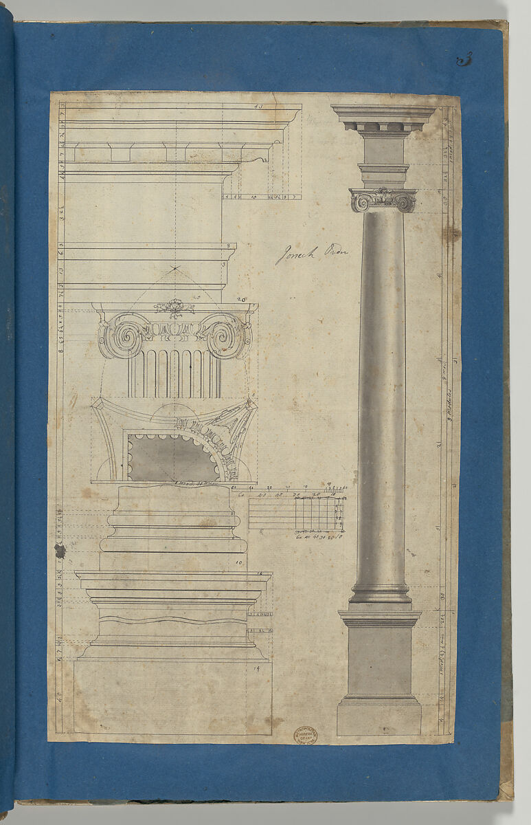 The General Proportion of the Ionick [Ionic] Order, in Chippendale Drawings, Vol. I, Thomas Chippendale (British, baptised Otley, West Yorkshire 1718–1779 London), Pen and black ink, brush and gray wash