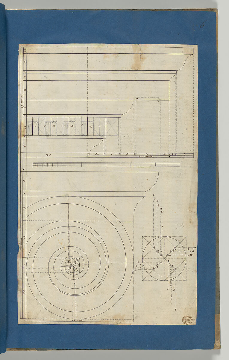 Rule for Drawing the Spiral Lines of the Volute of the Ionic Order, in Chippendale Drawings, Vol. I, Thomas Chippendale (British, baptised Otley, West Yorkshire 1718–1779 London), Black and brown ink, graphite