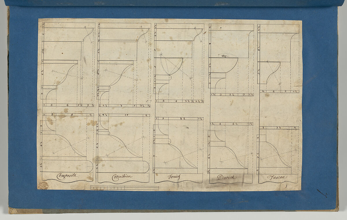 Bases and Caps of the Pedestals of Each Order, in Chippendale Drawings, Vol. I, Thomas Chippendale (British, baptised Otley, West Yorkshire 1718–1779 London), Black and brown ink