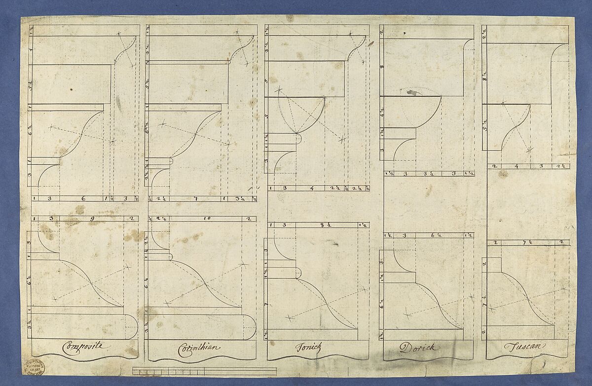 Bases and Caps of the Pedestals of Each Order, in Chippendale Drawings, Vol. I, Thomas Chippendale (British, baptised Otley, West Yorkshire 1718–1779 London), Black and brown ink 