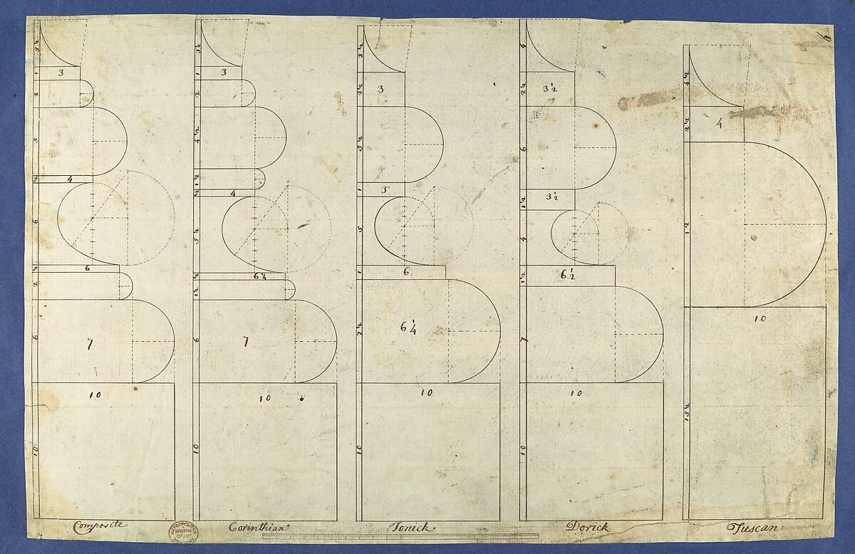 The Bases of the Columns, in Chippendale Drawings, Vol. I, Thomas Chippendale (British, baptised Otley, West Yorkshire 1718–1779 London), Black and brown ink 