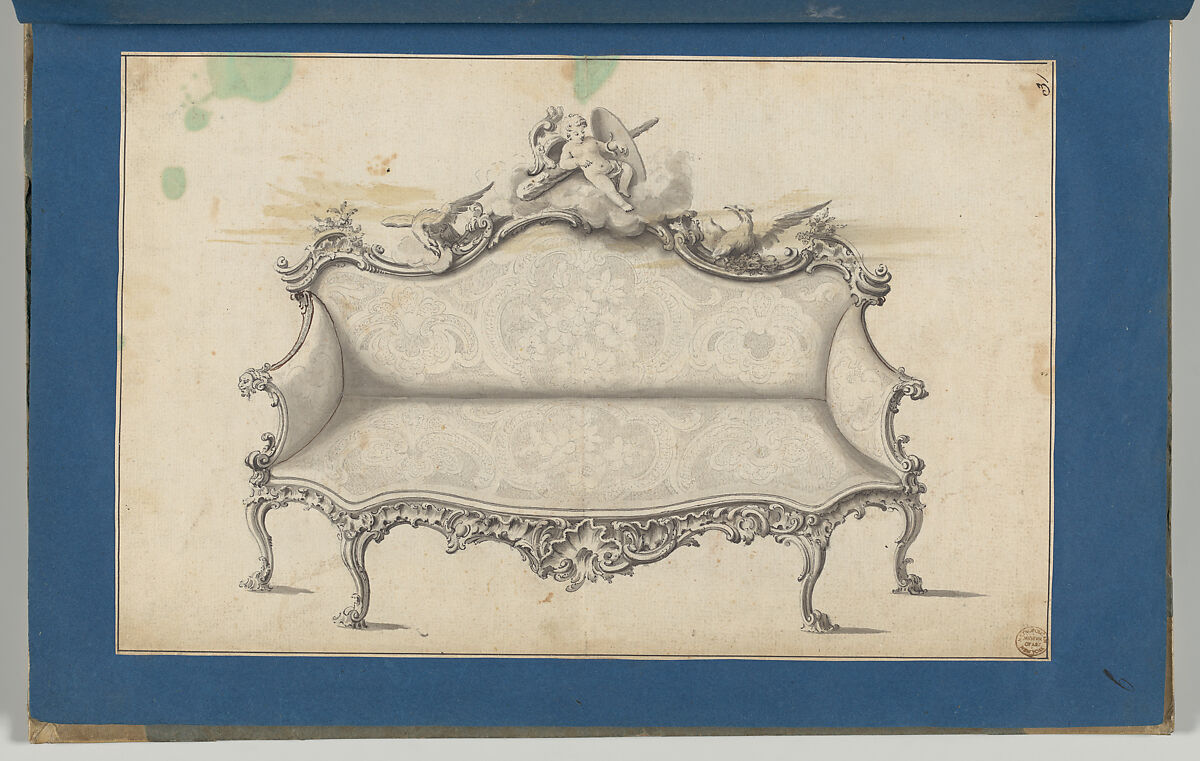 Sofa, in Chippendale Drawings, Vol. I, Thomas Chippendale (British, baptised Otley, West Yorkshire 1718–1779 London), Pen and brown and black ink, brush and gray wash