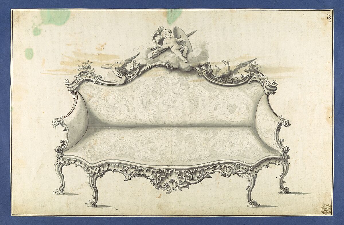 Sofa, in Chippendale Drawings, Vol. I, Thomas Chippendale (British, baptised Otley, West Yorkshire 1718–1779 London), Pen and brown and black ink, brush and gray wash 