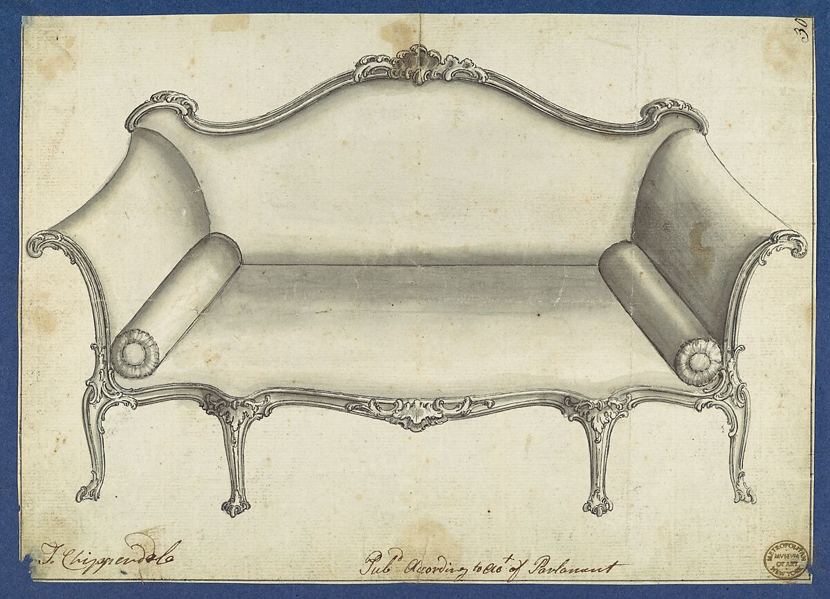 Sofa, in Chippendale Drawings, Vol. I, Thomas Chippendale (British, baptised Otley, West Yorkshire 1718–1779 London), Black ink and gray wash 