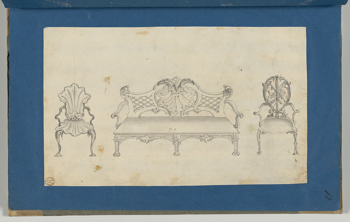Two Garden Chairs and Long Seat, in Chippendale Drawings, Vol. I, Thomas Chippendale (British, baptised Otley, West Yorkshire 1718–1779 London), Black ink and gray wash