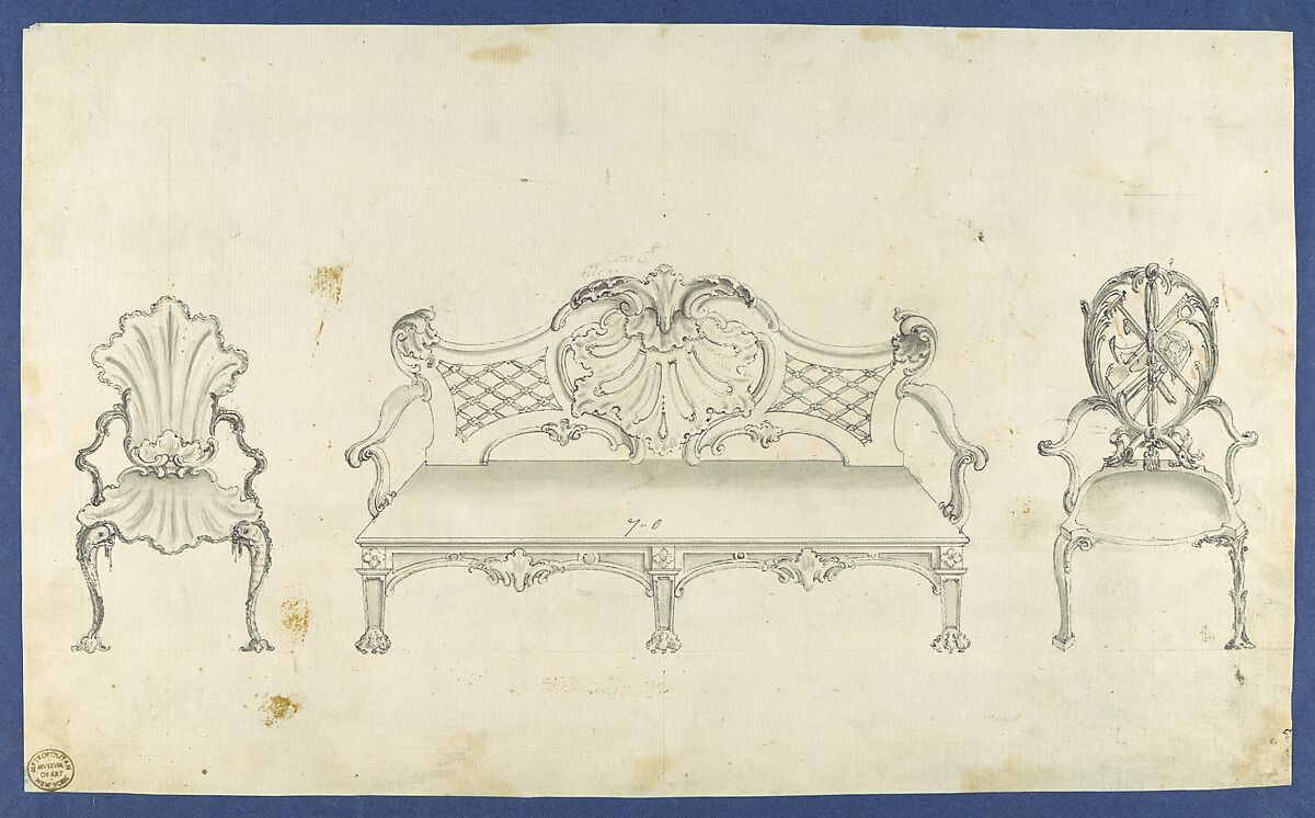 Two Garden Chairs and Long Seat, in Chippendale Drawings, Vol. I, Thomas Chippendale (British, baptised Otley, West Yorkshire 1718–1779 London), Black ink and gray wash 