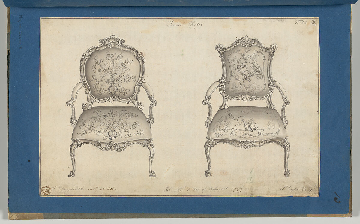 French Chairs, in Chippendale Drawings, Vol. I, Thomas Chippendale (British, baptised Otley, West Yorkshire 1718–1779 London), Black ink and gray wash