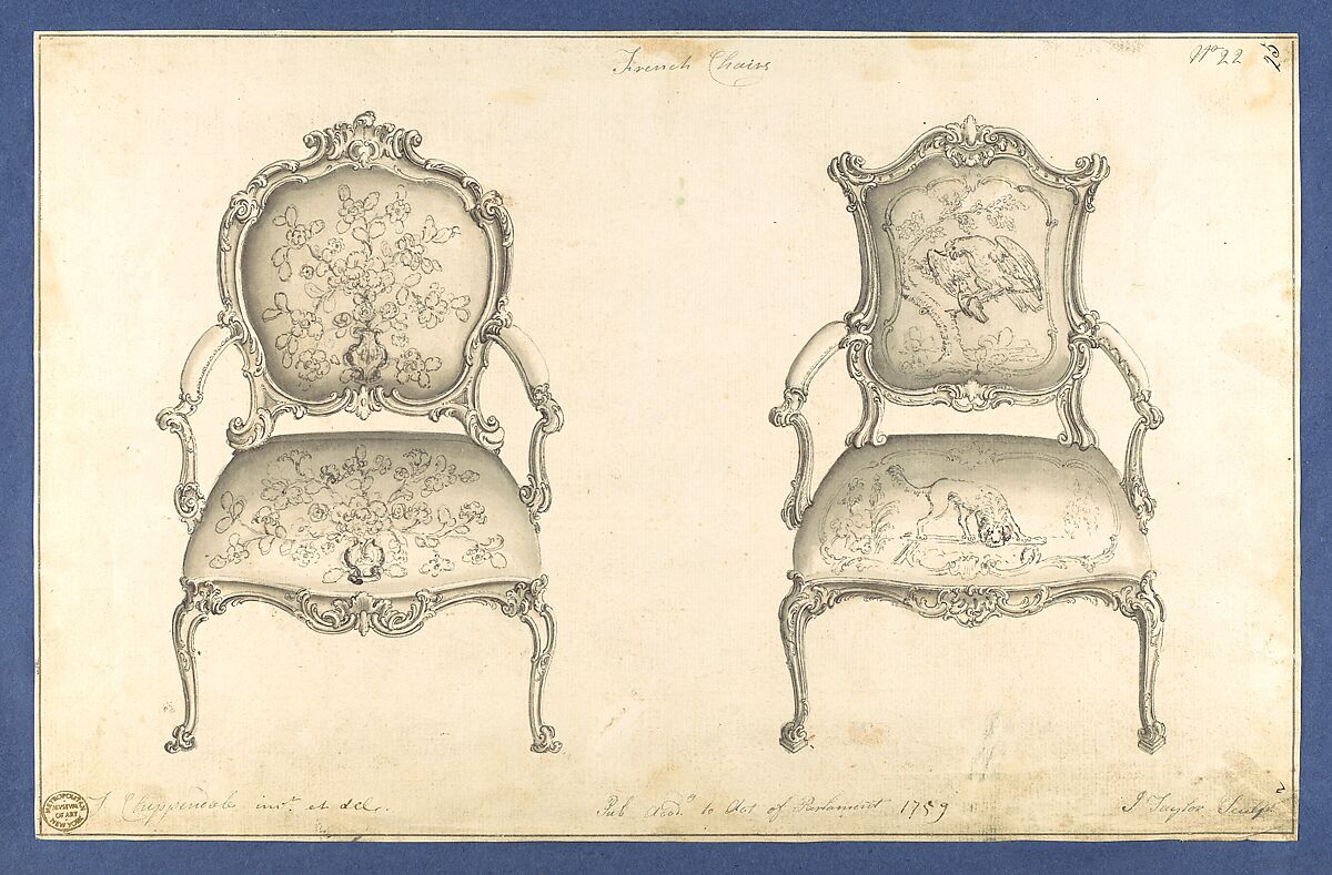 French Chairs, in Chippendale Drawings, Vol. I, Thomas Chippendale (British, baptised Otley, West Yorkshire 1718–1779 London), Black ink and gray wash 