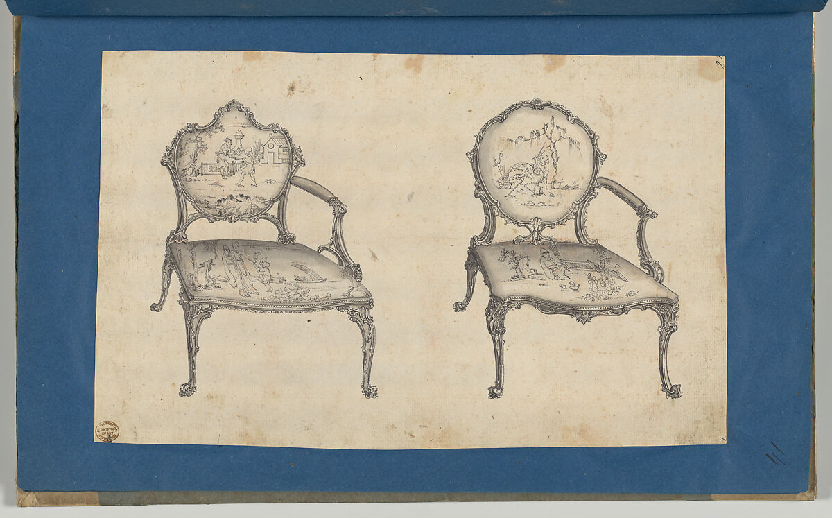 Two French Chairs, in Chippendale Drawings, Vol. I, Thomas Chippendale (British, baptised Otley, West Yorkshire 1718–1779 London), Black ink and gray wash